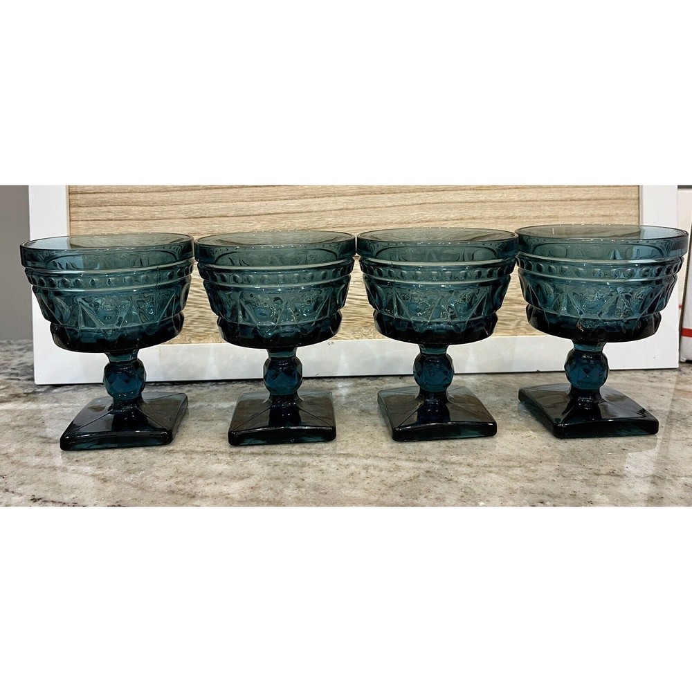Indiana Glass Colony Park Lane Blue Pedestal Glasses Goblets Vintage Set of 4